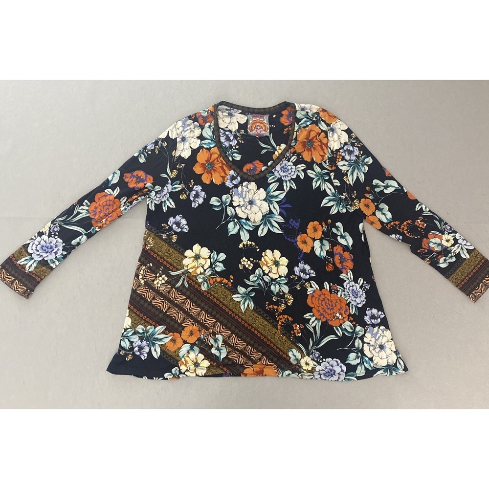 Johnny Was Washable Bamboo Viscose Soft Knit Shirt Boho Multi Floral Women's XL
